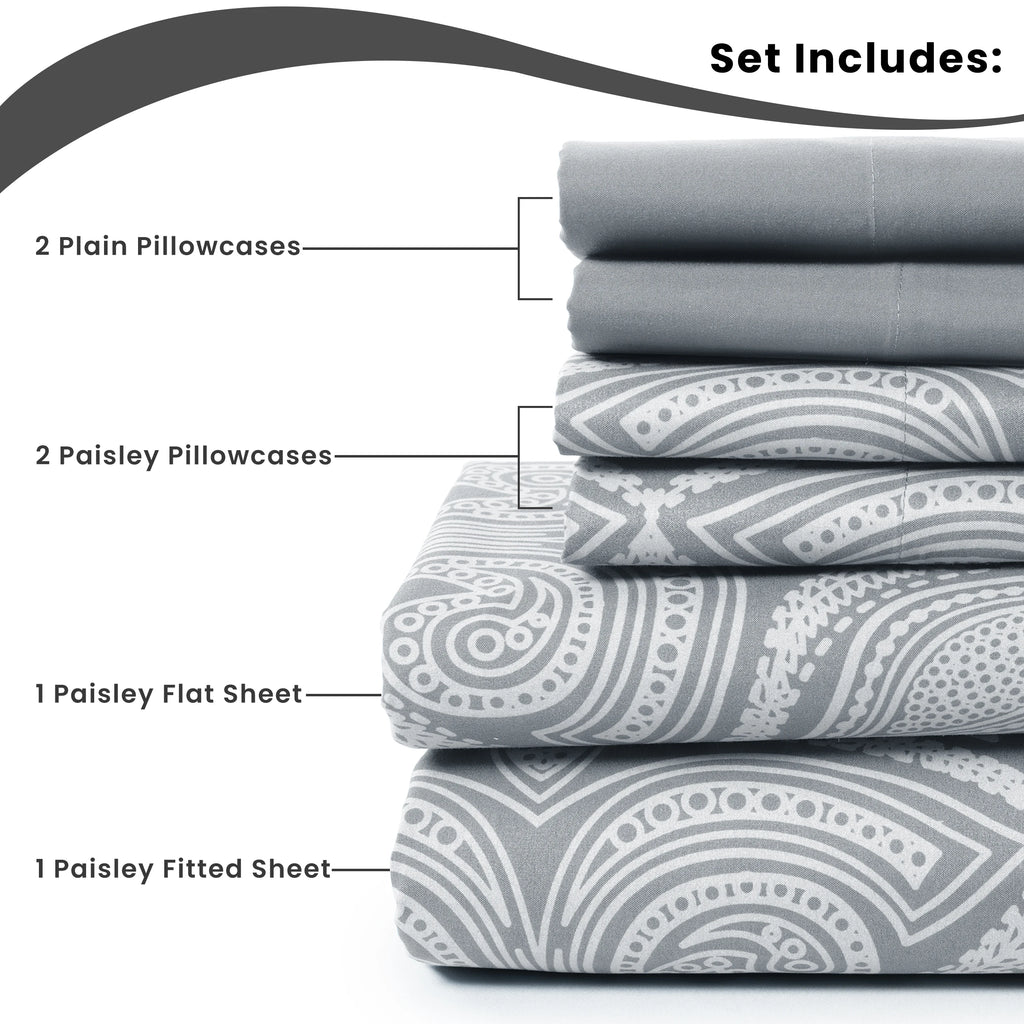 LUX Décor Paisley Sheet Set – 6 Piece Ultra-Soft Microfiber Bed Sheets with Flat Sheet, 16 Inches Deep Pocket Fitted Sheet