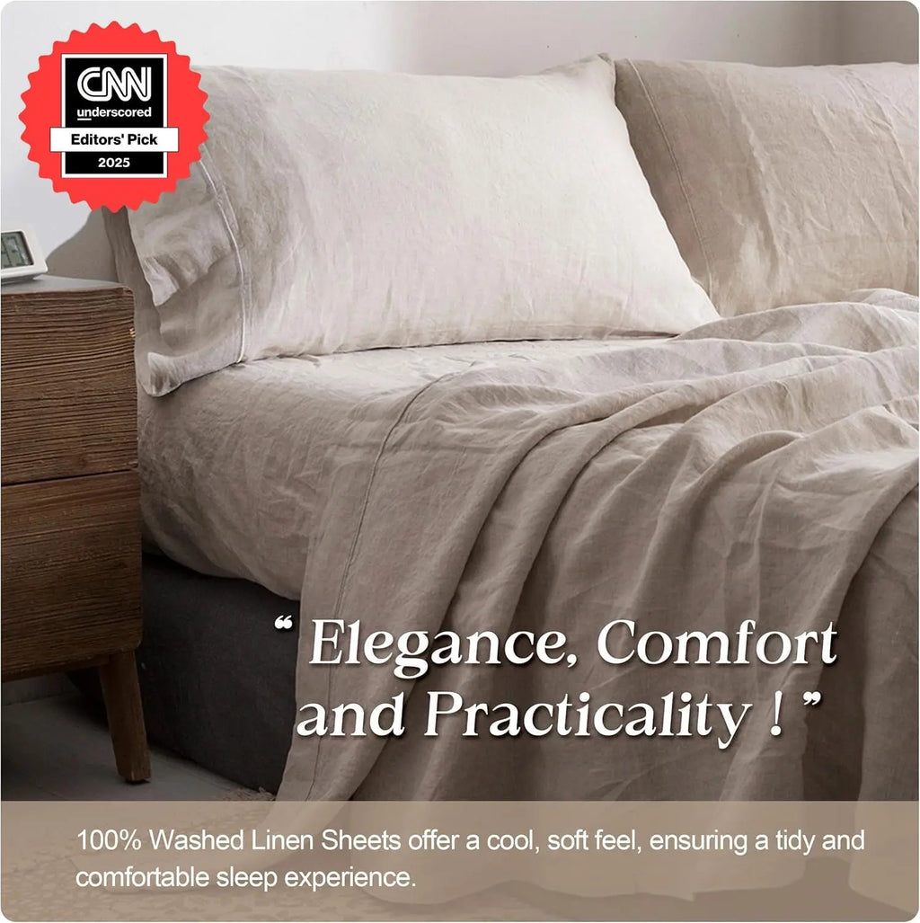 100% Pure Linen King Sheet Set 4 Pieces, Natural French Flax Washed Breathable Bedding with Embroidery, Farmhouse Solid ColorSet
