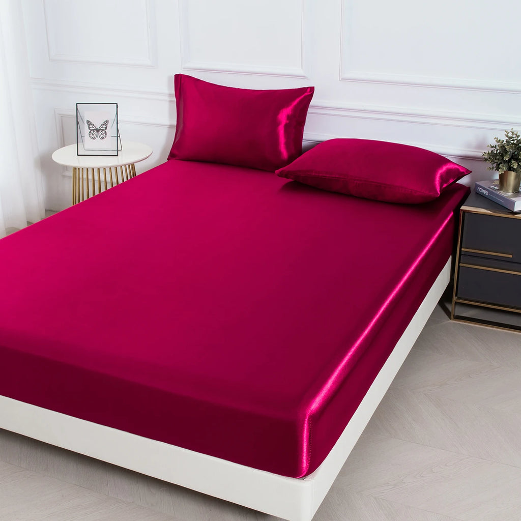 3pc Solid Color Fitted Sheet Set 1 bed sheet with 2 pillow cover Satin Fabric Soft Comfortable Breathble Bedding Set for Bedroom