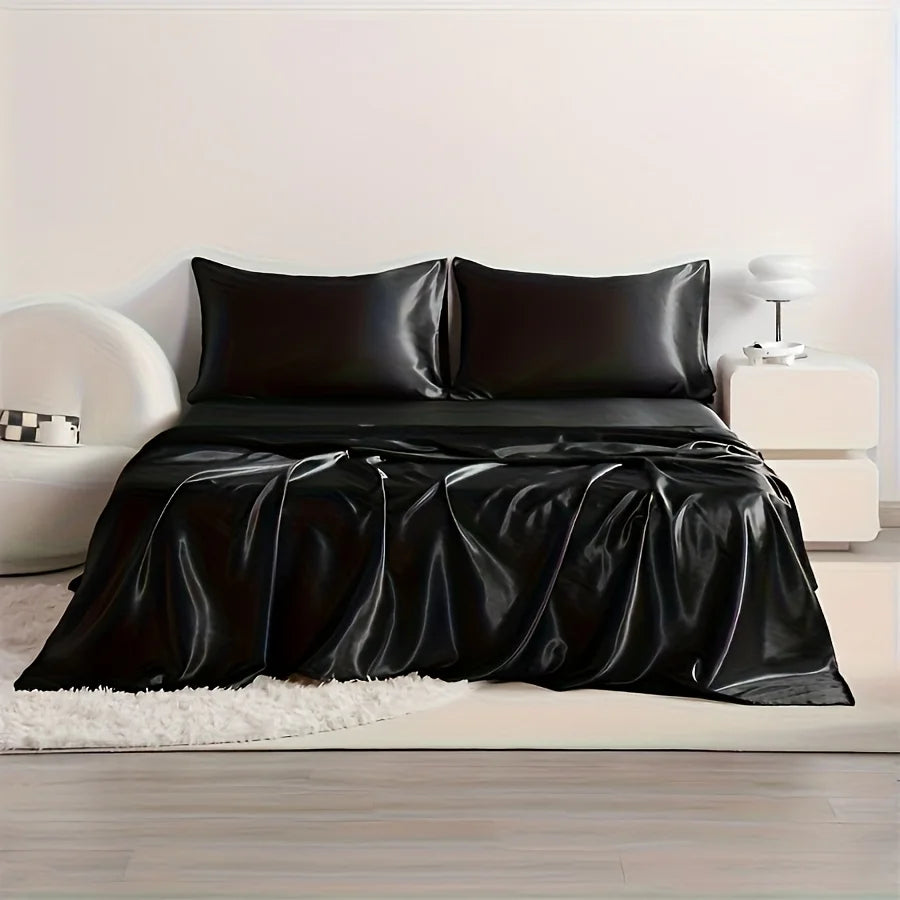 4pcs Cooling Satin Bed Sheet Set, Shrink-Resistant, Fade-Resistant, Hypoallergenic, Breathable, Flat Sheet & Fitted Sheet & Pill