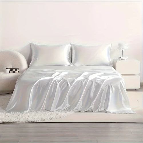 4pcs Cooling Satin Bed Sheet Set, Shrink-Resistant, Fade-Resistant, Hypoallergenic, Breathable, Flat Sheet & Fitted Sheet & Pill